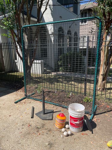 PACKAGE DEAL—53 practice Baseballs, 7’ Screen, batting Tee, many training cones