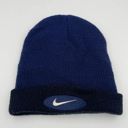 Vintage 90s Nike Swoosh Blue Acrylic Beanie Skullcap Winter Hat Cap