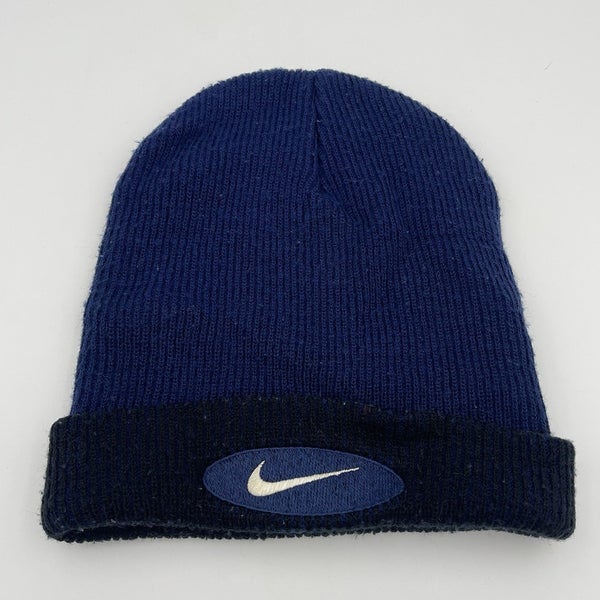Vintage 90s Nike Swoosh Blue Acrylic Beanie Skullcap Winter Hat Cap