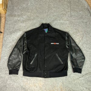Vintage Mens Jacket Large Black AGFA Film Wool Leather Bomber Varsity Corporate