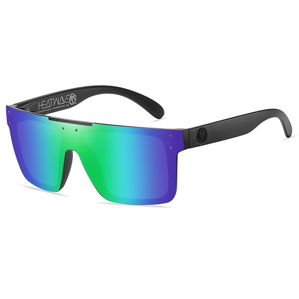 Polarized Heatwave Quatro Shield Sunglasses Black Frame Green-Blue Mirror H11