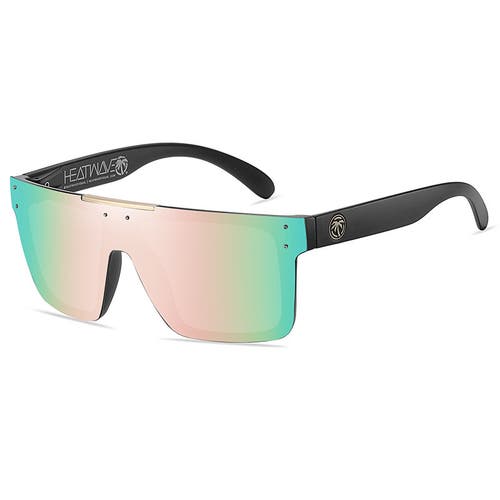 Heatwave Quatro Large Shield Sunglasses Matte Black Frame Light Pink Mirror H12