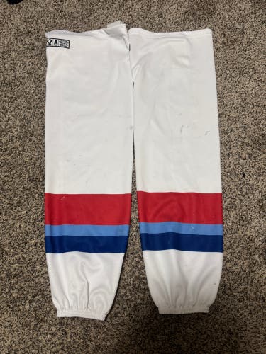 White Blue Red NAHL Junior A Maine Nordiques Senior Large SP EDGE STYLE Socks Pro Stock (Used)