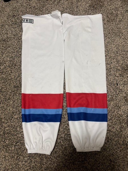 White Blue Red NAHL Junior A Maine Nordiques Senior Large SP EDGE STYLE Socks Pro Stock (Used)