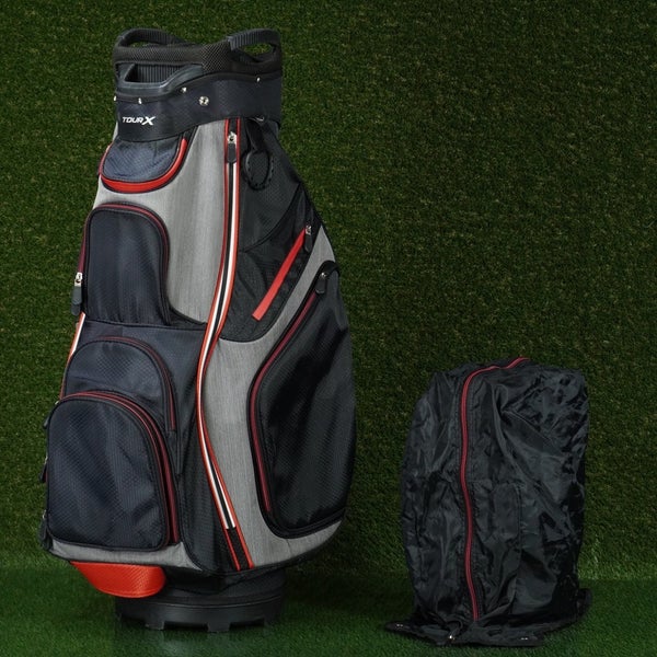 MERCHANTS OF GOLF TOUR X CART BAG 14-WAY PUTTER WELL GOLF BAG, BLACK / RED