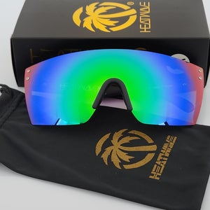 Heatwave Large Lazer Shield Sunglasses Black Frame Green Mirror Lens H19