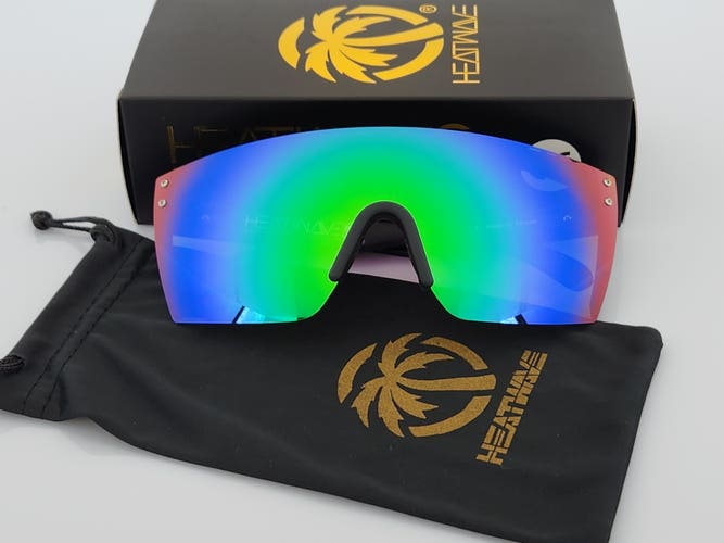 Heatwave Large Lazer Shield Sunglasses Black Frame Green Mirror Lens H19