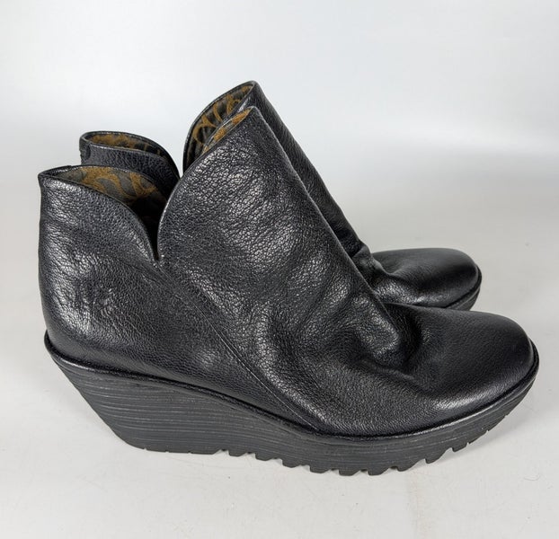 Fly London Yip Black Leather Zipped Wedge Ankle Booties Women's Size: 43 / 12