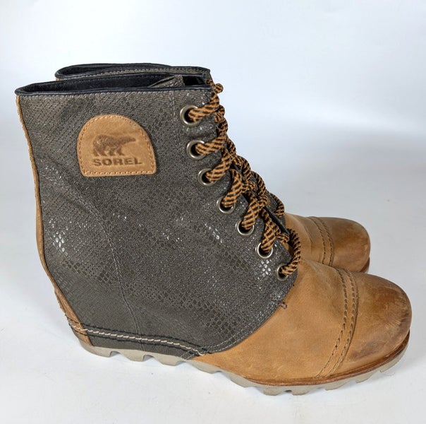 Sorel 1964 Premium Wedge Ankle Bootie Brown Leather Snake Print Women's Size 9.5