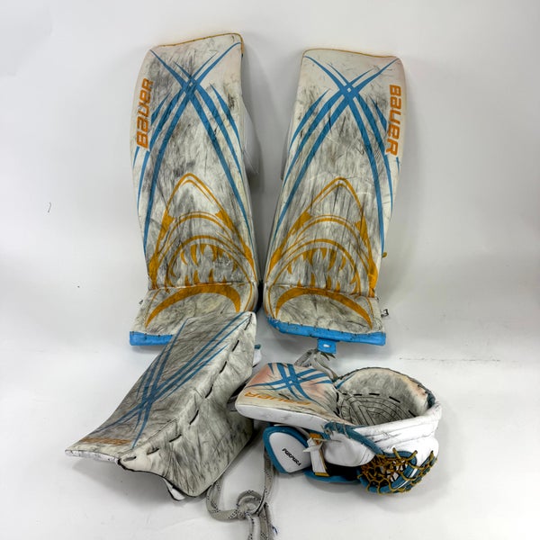 Used White/yellow/blue Bauer Vapor Hyperlite Full Right Goalie Set | 37+ (XXL)