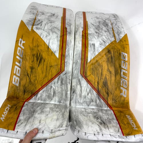 Used White and Gold Bauer Supreme Mach Goalie Pads | 35 +1" | Patera | Vegas Golden Knights