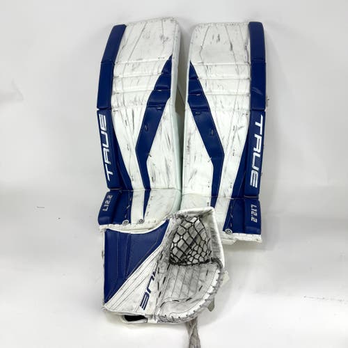 Used White and Blue True L12.2 Goalie Pads with 590 Break Glove | Brian Elliot | 35 +2"