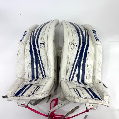 Used White and Blue Reebok 14K Junior Goalie Pads | 28+1"