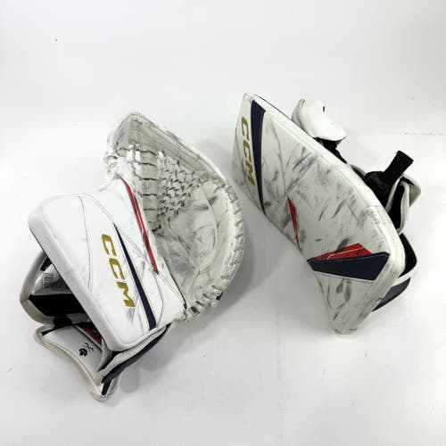 Lightly Used White and Navy Regular CCM Axis 2 Goalie Glove and Blocker | 590 Break