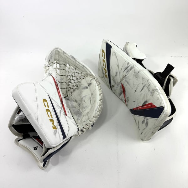 Lightly Used White and Navy Regular CCM Axis 2 Goalie Glove and Blocker | 590 Break