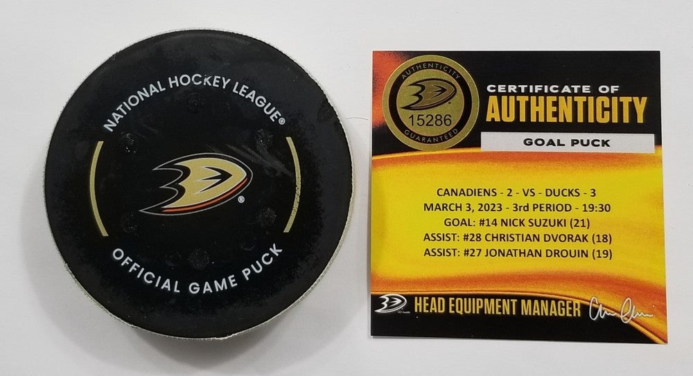3-3-23 NICK SUZUKI Montreal Canadiens at Anaheim Ducks NHL Game Used GOAL Puck