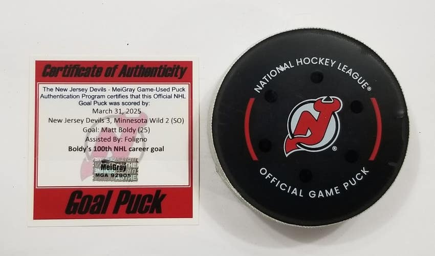 3-31-25 MATT BOLDY Minnesota Wild @ NJ Devils Game Used 100TH CAREER GOAL Puck