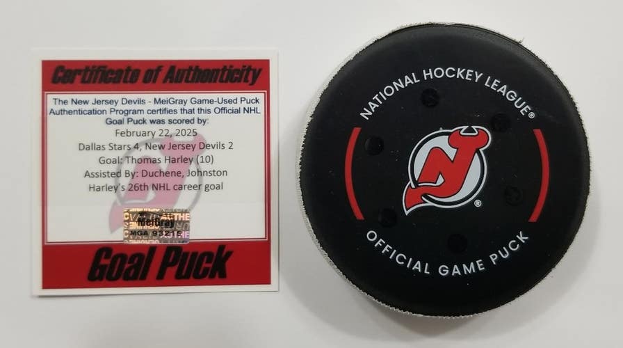 2-22-25 THOMAS HARLEY Dallas Stars @ New Jersey Devils Game Used NHL GOAL Puck