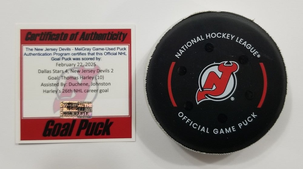 2-22-25 THOMAS HARLEY Dallas Stars @ New Jersey Devils Game Used NHL GOAL Puck
