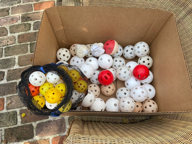 Wiffle style plastic training balls(113 total), multiple sizes & colors