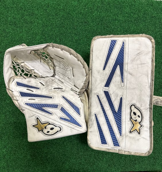 White & Blue Youth Brian's NetZero 3 Goalie Glove & Blocker Set Regular (Used)