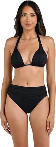 La Blanca Halter Triangle Swim Bikini Top Womens 6 Black Stretch Swimwear TLW704