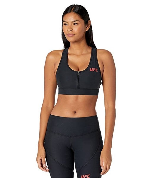 UFC Core Zip Front Sports Bra Women 8 Black Stretch Racerback Performance TLW701