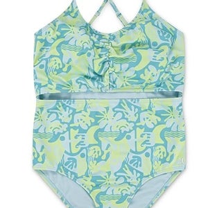 Hurley Cutout One Piece Kids Girl's 12 Turquoise Waves Stretch Swimsuit TLW690