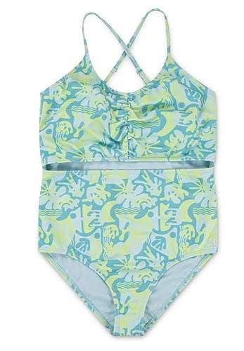 Hurley Cutout One Piece Kids Girl's 12 Turquoise Waves Stretch Swimsuit TLW690