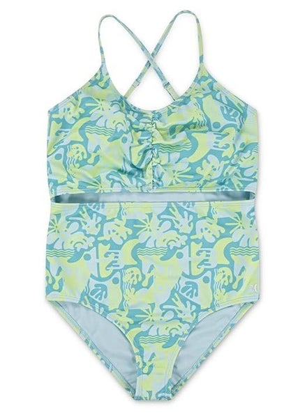 Hurley Cutout One Piece Kids Girl's 12 Turquoise Waves Stretch Swimsuit TLW690