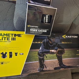 New in box Easton elite 3 adult chest protector and leg guards w/New Knee Savers (no helmet)