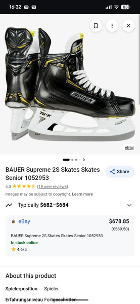 Bauer Supreme 2S Hockey Skates Regular Width 9 (New)