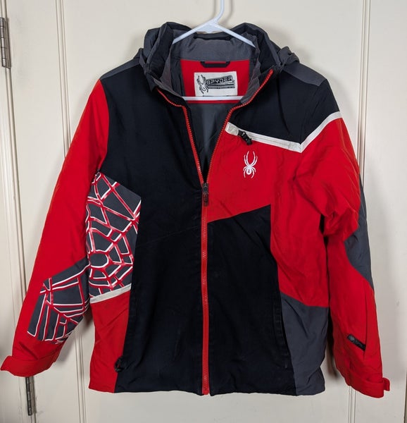 Spyder Challenger Ski Jacket Boys Size 16 Red Black Removable Hood Primaloft