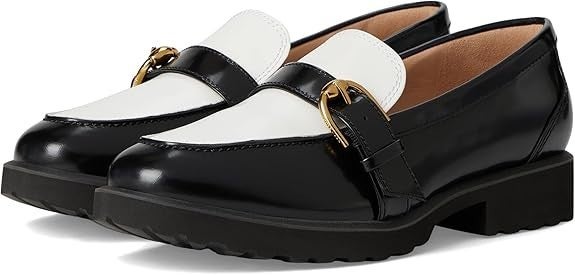 Cole Haan Giana Buckle Loafers Womens US 8 Black White Leather Flat Shoes TZP575