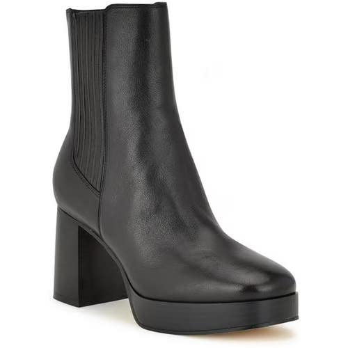 Nine West Gemms Chelsea Bootie Women's Black Leather Block Heel Boots TZP635