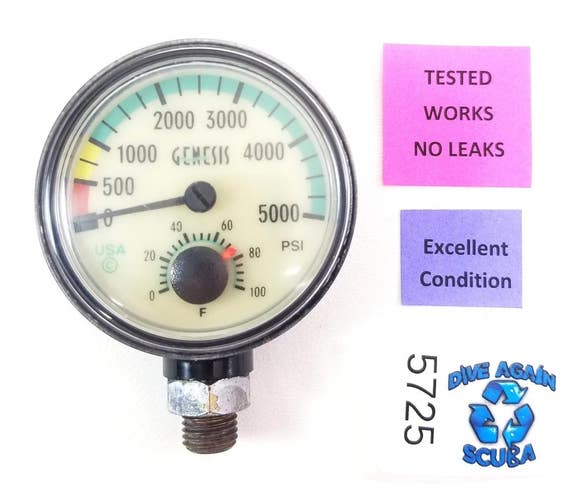 Genesis / Sherwood 5000 PSI SPG Submersible Scuba Pressure Gauge w Thermometer