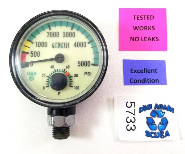 Genesis / Sherwood 5000 PSI SPG Submersible Scuba Pressure Gauge w Thermometer