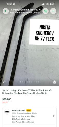 Senior ProBlackout Right Handed Hockey Stick Toe Pattern 77 Flex Pro Stock (New)