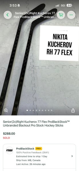 Senior ProBlackout Right Handed Hockey Stick Toe Pattern 77 Flex Pro Stock (New)