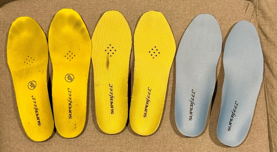 3 Used Pair Superfeet Insoles sizes D and E - trimmed to 7.5 size skate