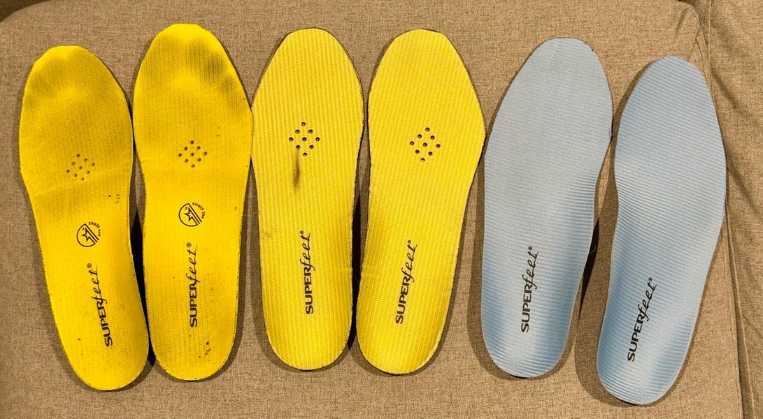 3 Used Pair Superfeet Insoles sizes D and E - trimmed to 7.5 size skate