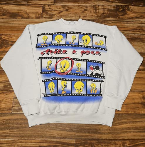 NEW Vintage Looney Tunes Strike A Pose 90S Tweety Bird Crewneck Sweatshirt Sz L