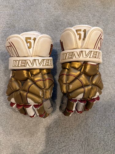 University of Denver Custom Warrior Mac Daddy Lacrosse Gloves — #51 — Gold/White