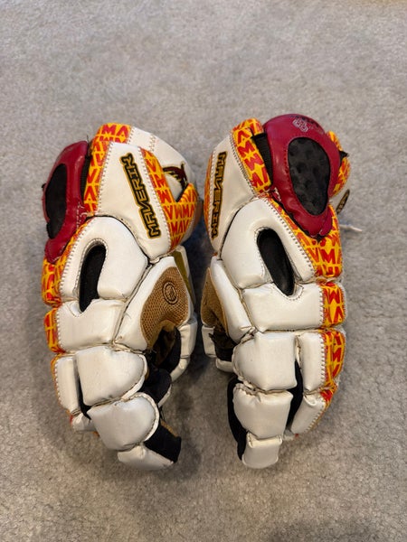 Calvert Hall Custom Maverik Rome Lacrosse Gloves — Red/Yellow/White — Size 13”