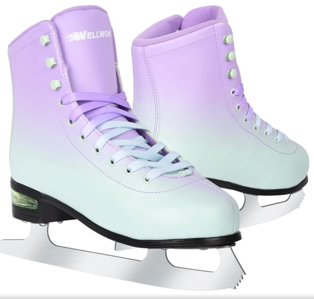 WELLWON Figure Ice Skates Size 8 – Classic High-Top PU Leather Green Purple (New)