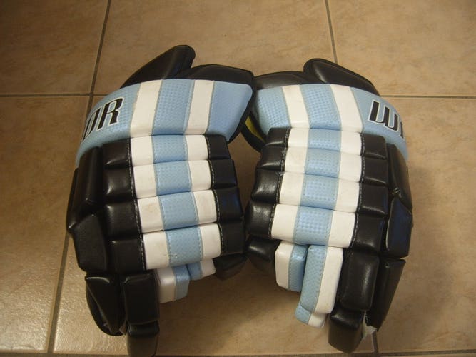 Rare Great Condition Warrior/MiA Franchise Senior Hockey Gloves 14"N White/Blue/Black Made in Canada