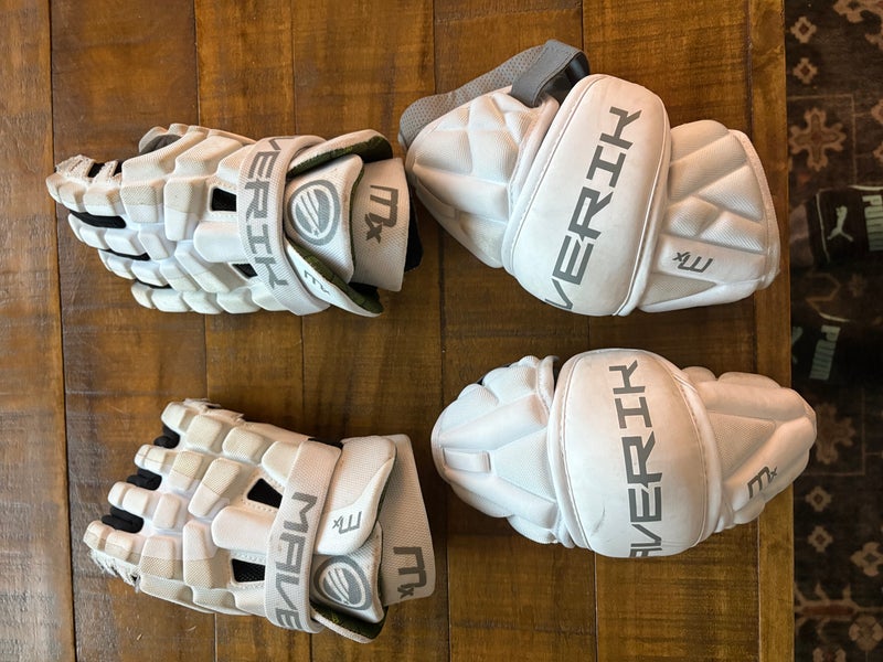 Maverik MX Lacrosse Gloves 12" (Used) and elbow pads