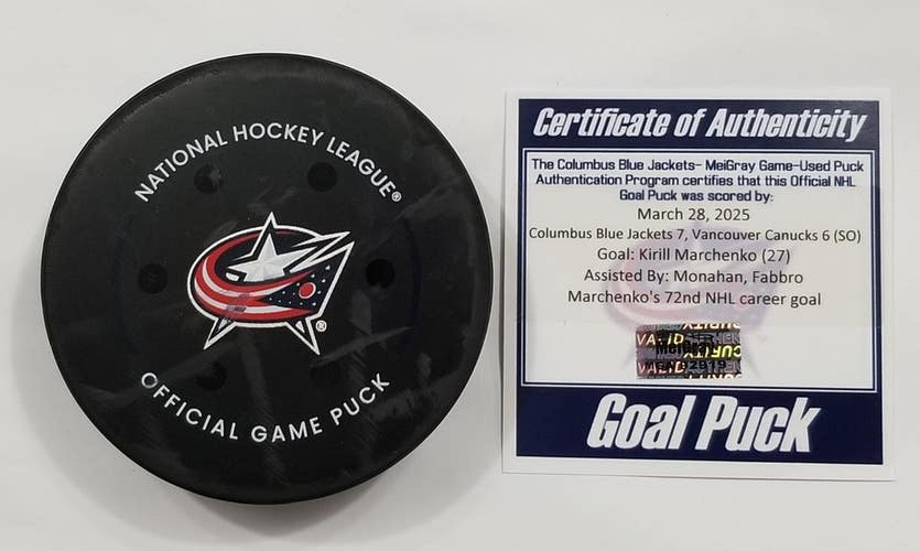 3-28-25 KIRILL MARCHENKO Columbus Blue Jackets vs Canucks Game Used GOAL Puck