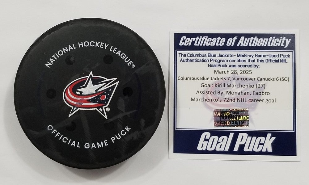 3-28-25 KIRILL MARCHENKO Columbus Blue Jackets vs Canucks Game Used GOAL Puck