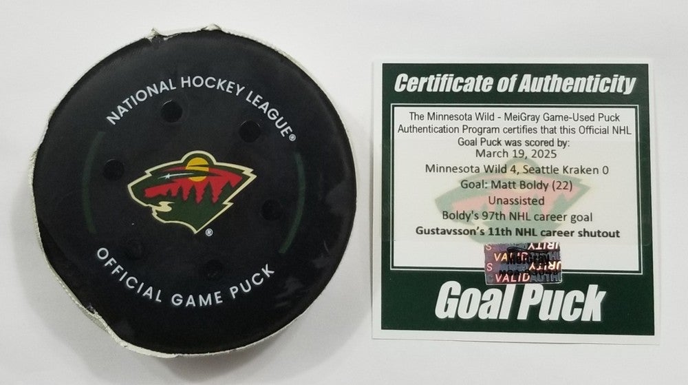 3-19-25 MATT BOLDY Minnesota Wild vs Seattle Kraken Game Used NHL GOAL Puck